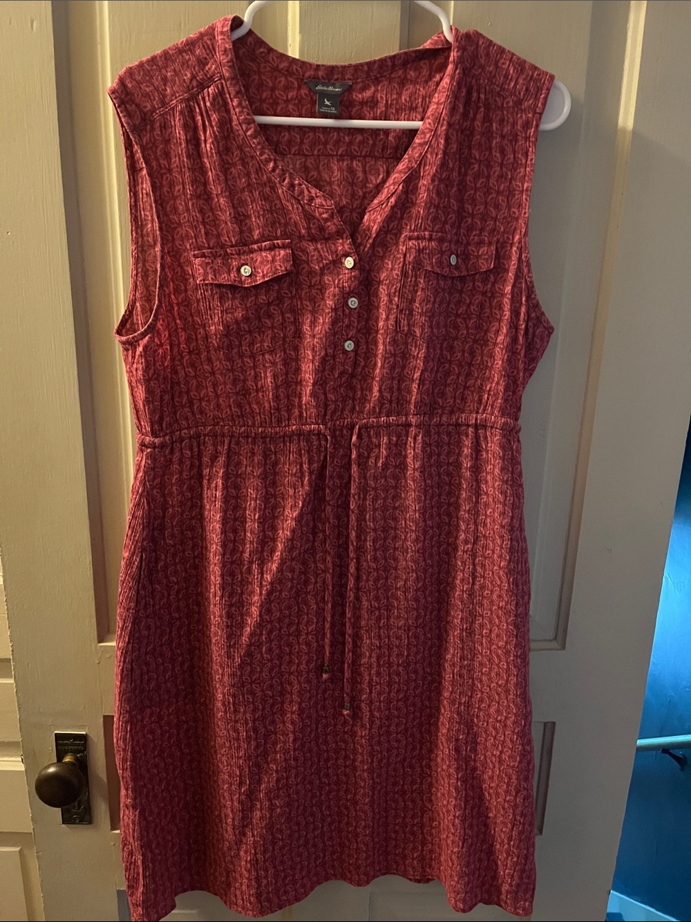 Eddie Bauer Sleeveless Burgundy Printed Drawstring Dress